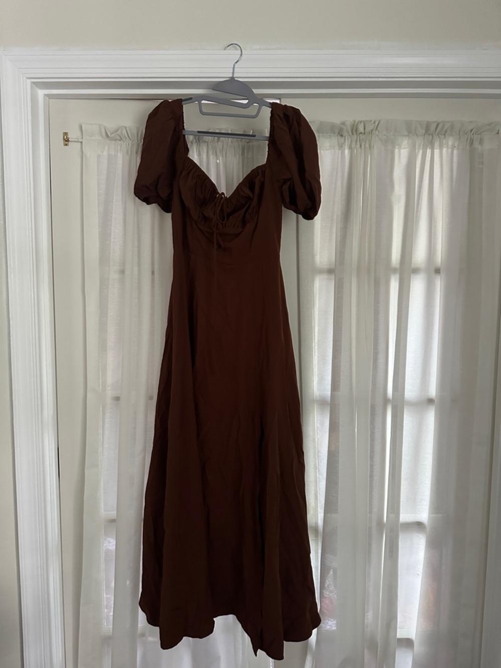 Amazon Brown Puff Sleeve Maxi Dress with Ruched Bodice